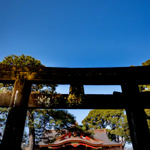 Torii gate and the hall of worship at Shinagawa Shrine