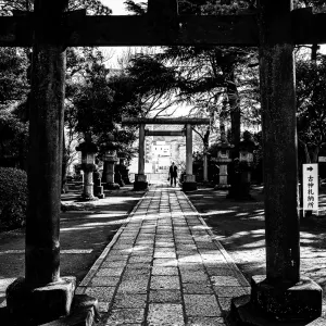 Torii gate and worshipper in Shinagawa Shrine