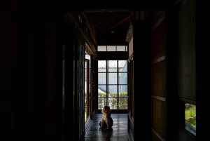 Girl relaxing on the porch of an old house