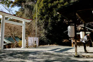White torii gate standing at Kamakura-gu Shrine