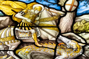Stained glass depicting St. George slaying the dragon