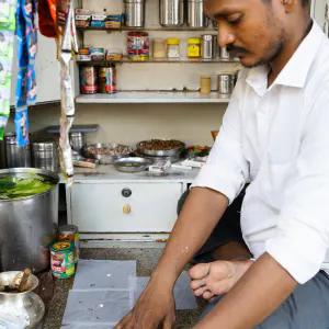 Man selling paan at a kiosk