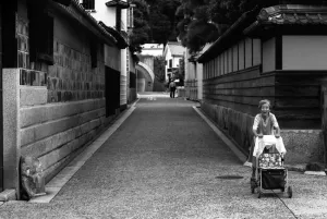 Older woman pushing trolley