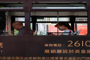 Double-decker tram running in Hong Kong