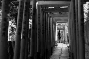 Woman walking through Torii