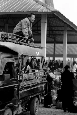 Man sitting on roof of truck