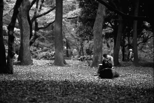 代々木公園で読書する男