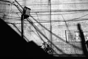 Bicycle propped against wall