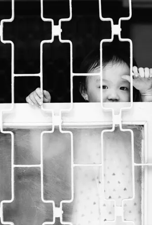 Boy looking through window lattice