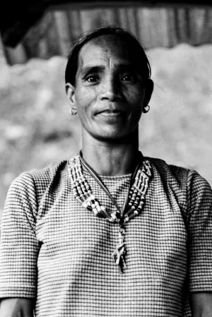 Woman carrying picks to village below mountain