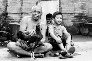 Old man, boys and rooster