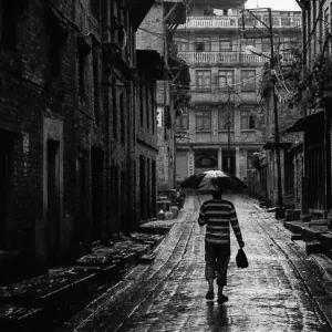 雨の中を傘を差して歩く男