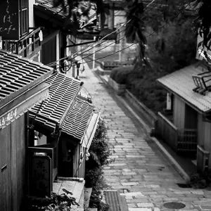 Deserted stone paved street in Kyoto
