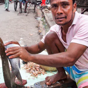ユニークな包丁で魚をさばく男