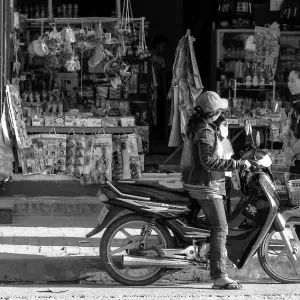 Motorbike in front of shop