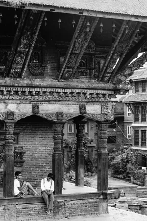 Boys under eaves of temple