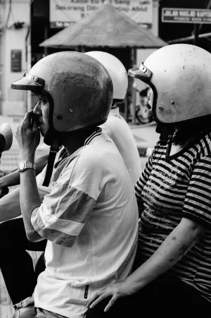 Two helmets on motorbike