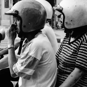 Two helmets on motorbike
