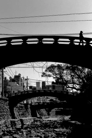 silhouette walking on bridge