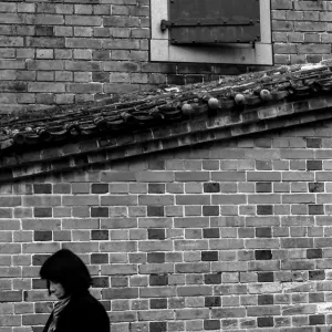 Woman in front of brick wall