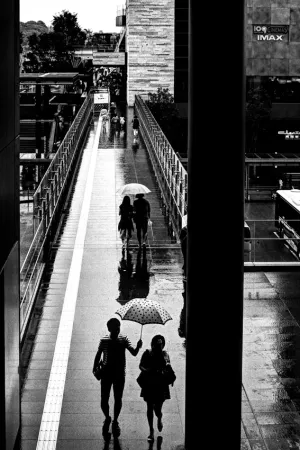 Young couple walking under umbrella